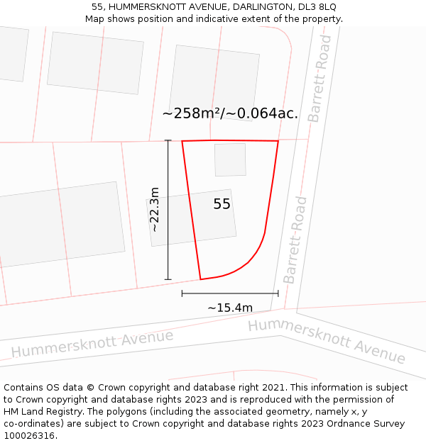 55, HUMMERSKNOTT AVENUE, DARLINGTON, DL3 8LQ: Plot and title map