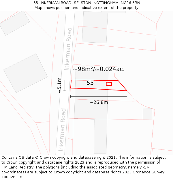 55, INKERMAN ROAD, SELSTON, NOTTINGHAM, NG16 6BN: Plot and title map