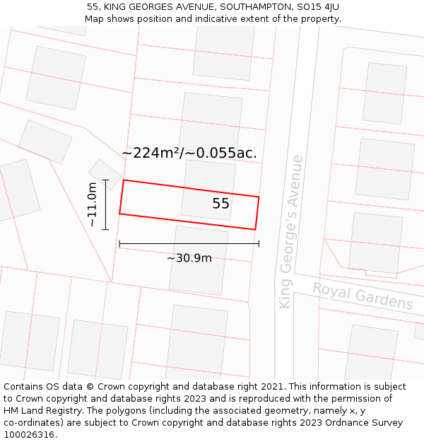 55, KING GEORGES AVENUE, SOUTHAMPTON, SO15 4JU: Plot and title map