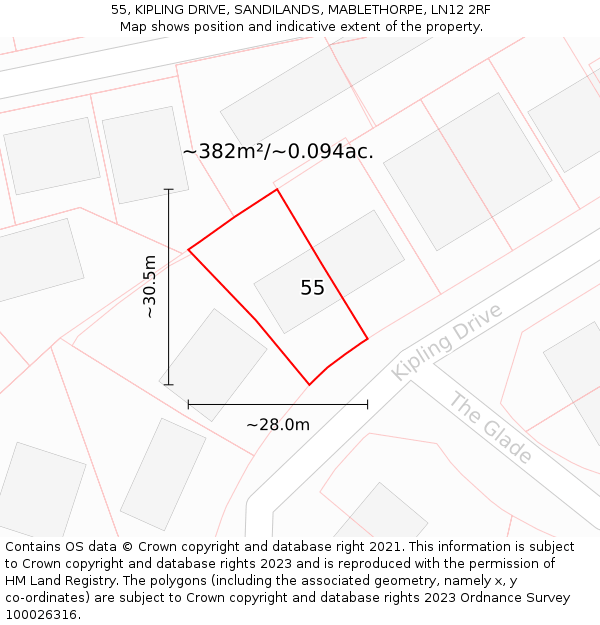 55, KIPLING DRIVE, SANDILANDS, MABLETHORPE, LN12 2RF: Plot and title map