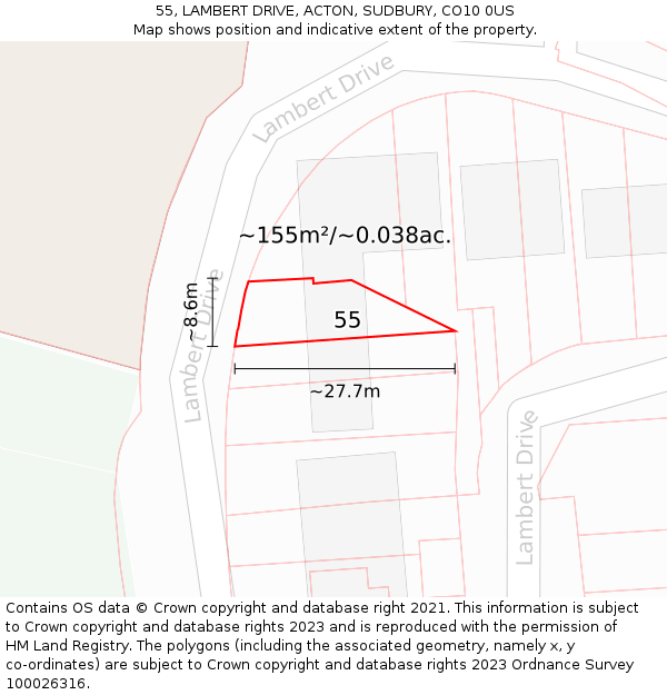 55, LAMBERT DRIVE, ACTON, SUDBURY, CO10 0US: Plot and title map