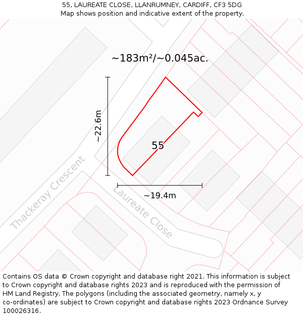 55, LAUREATE CLOSE, LLANRUMNEY, CARDIFF, CF3 5DG: Plot and title map