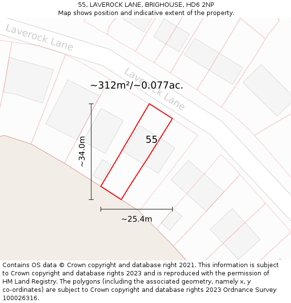 55, LAVEROCK LANE, BRIGHOUSE, HD6 2NP: Plot and title map