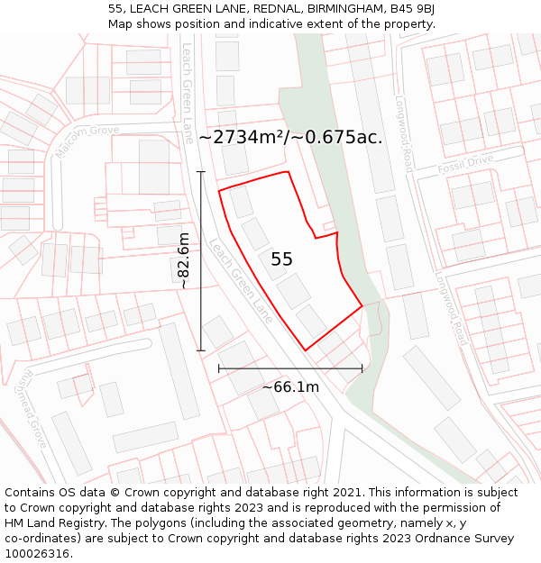 55, LEACH GREEN LANE, REDNAL, BIRMINGHAM, B45 9BJ: Plot and title map