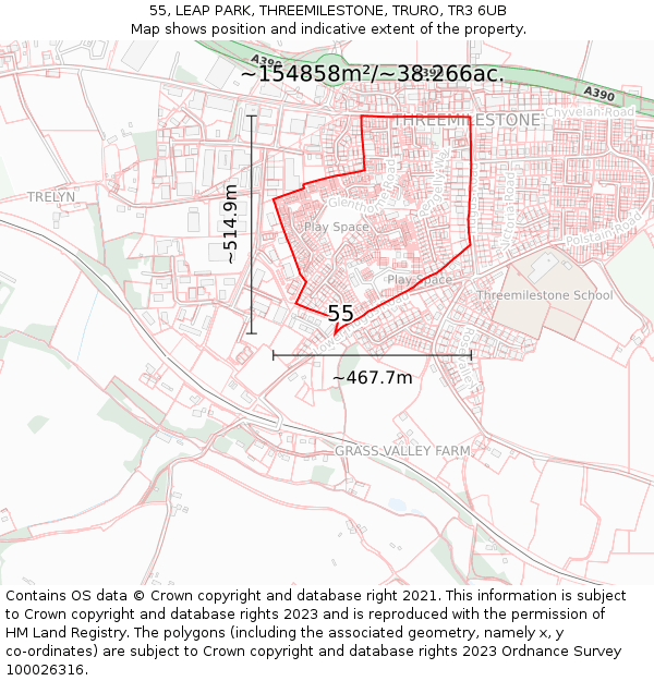 55, LEAP PARK, THREEMILESTONE, TRURO, TR3 6UB: Plot and title map