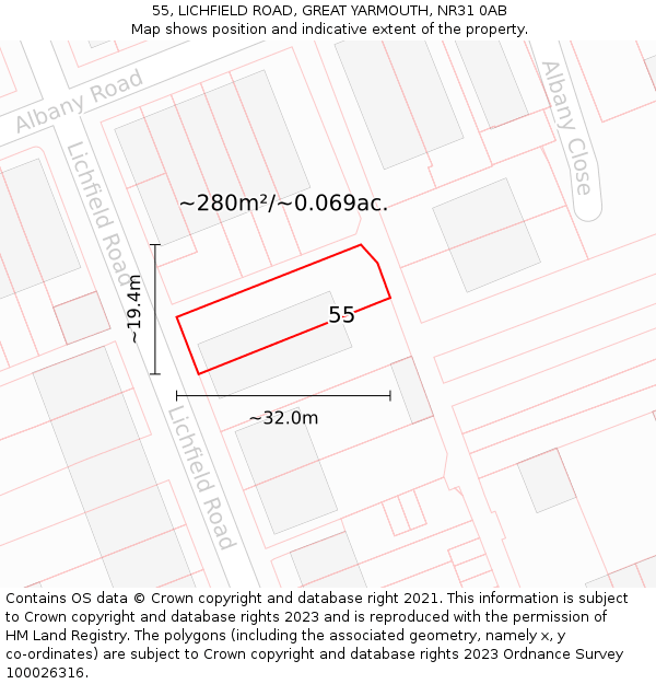 55, LICHFIELD ROAD, GREAT YARMOUTH, NR31 0AB: Plot and title map