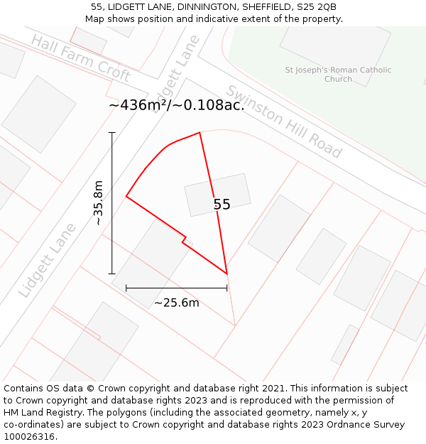 55, LIDGETT LANE, DINNINGTON, SHEFFIELD, S25 2QB: Plot and title map