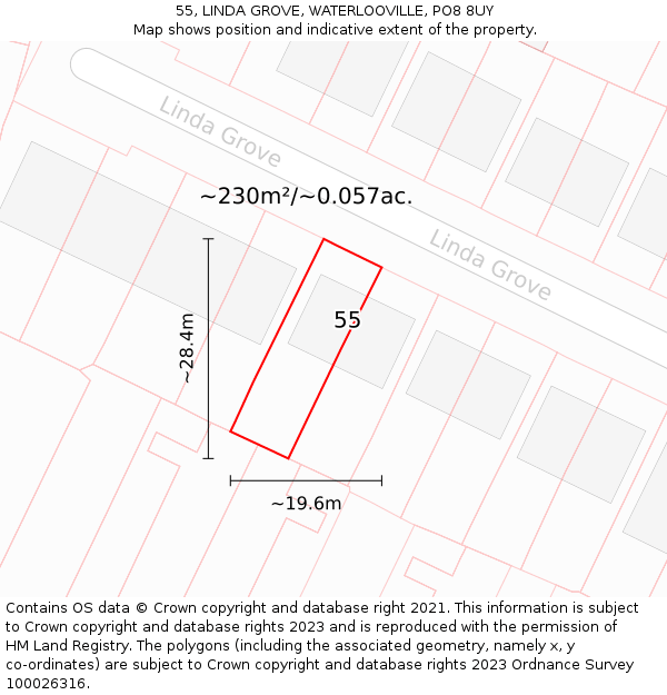 55, LINDA GROVE, WATERLOOVILLE, PO8 8UY: Plot and title map