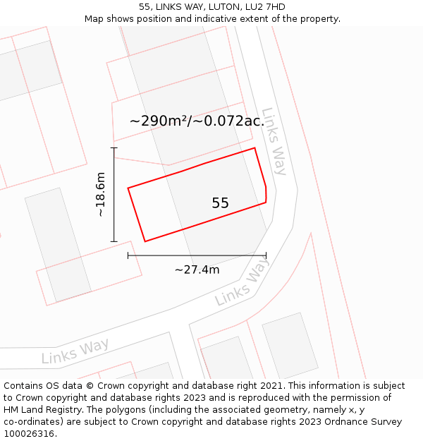 55, LINKS WAY, LUTON, LU2 7HD: Plot and title map