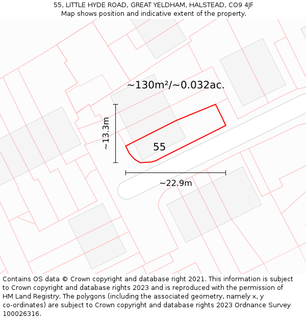 55, LITTLE HYDE ROAD, GREAT YELDHAM, HALSTEAD, CO9 4JF: Plot and title map