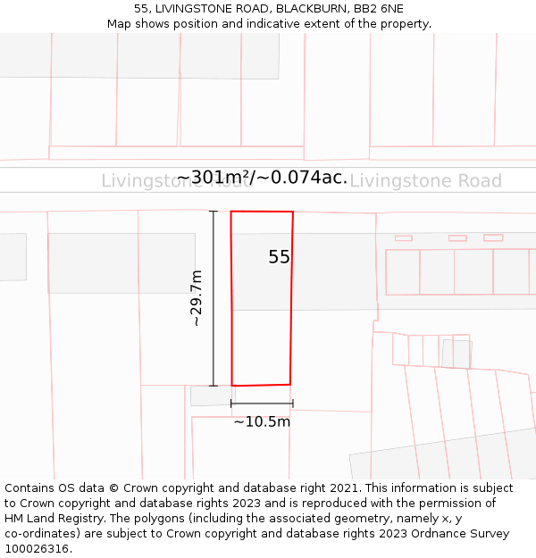 55, LIVINGSTONE ROAD, BLACKBURN, BB2 6NE: Plot and title map