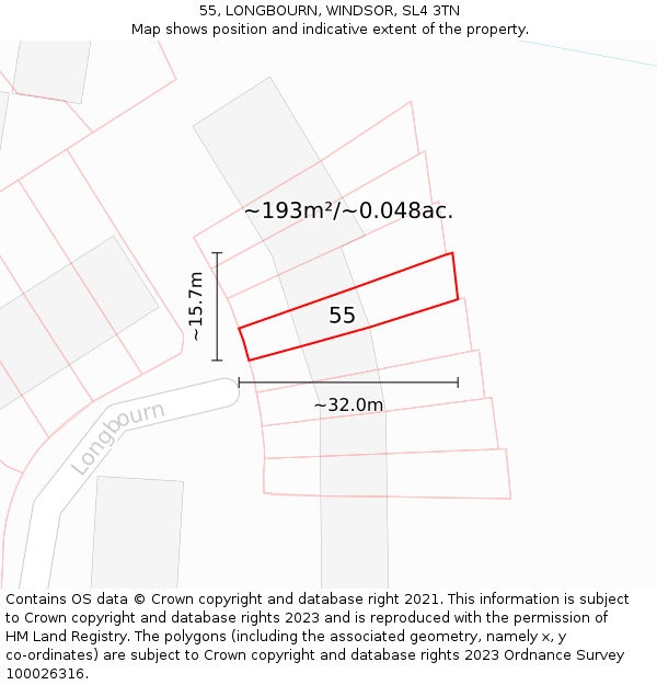 55, LONGBOURN, WINDSOR, SL4 3TN: Plot and title map