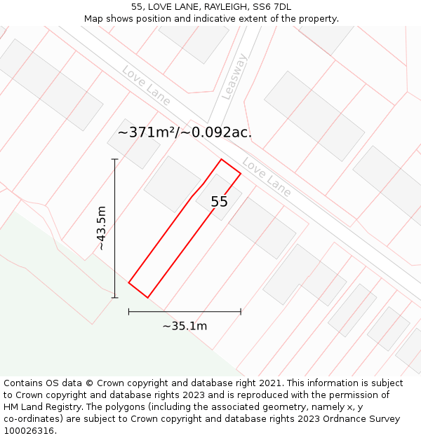 55, LOVE LANE, RAYLEIGH, SS6 7DL: Plot and title map