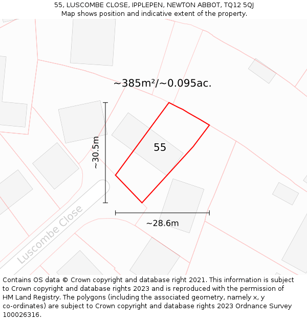 55, LUSCOMBE CLOSE, IPPLEPEN, NEWTON ABBOT, TQ12 5QJ: Plot and title map