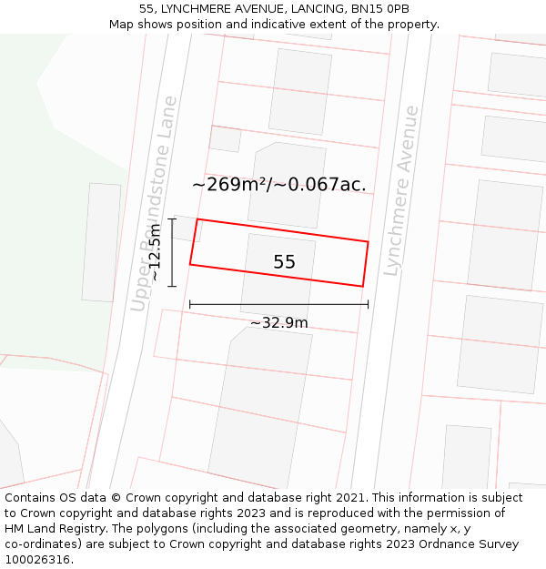 55, LYNCHMERE AVENUE, LANCING, BN15 0PB: Plot and title map