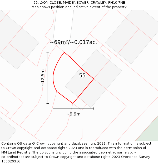 55, LYON CLOSE, MAIDENBOWER, CRAWLEY, RH10 7NE: Plot and title map