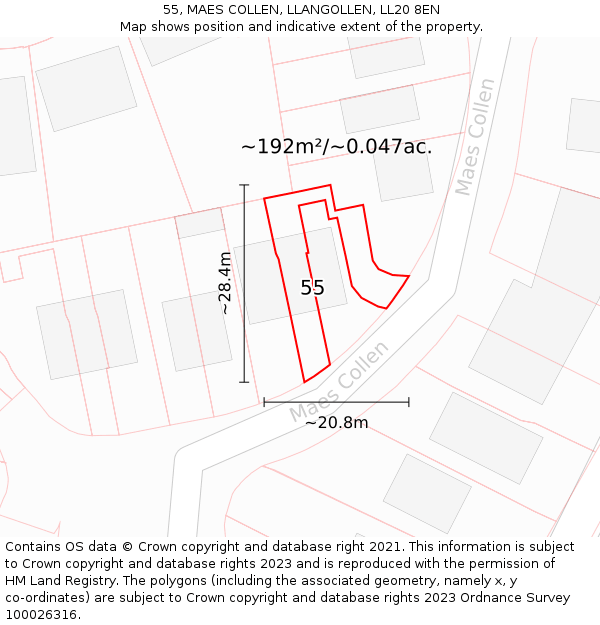 55, MAES COLLEN, LLANGOLLEN, LL20 8EN: Plot and title map