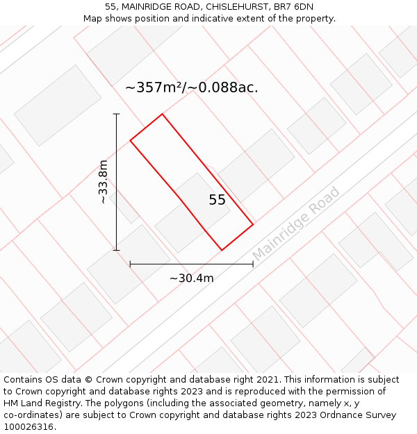 55, MAINRIDGE ROAD, CHISLEHURST, BR7 6DN: Plot and title map