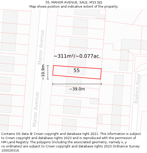 55, MANOR AVENUE, SALE, M33 5JQ: Plot and title map