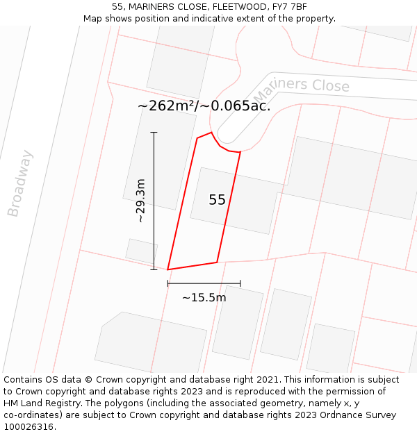 55, MARINERS CLOSE, FLEETWOOD, FY7 7BF: Plot and title map