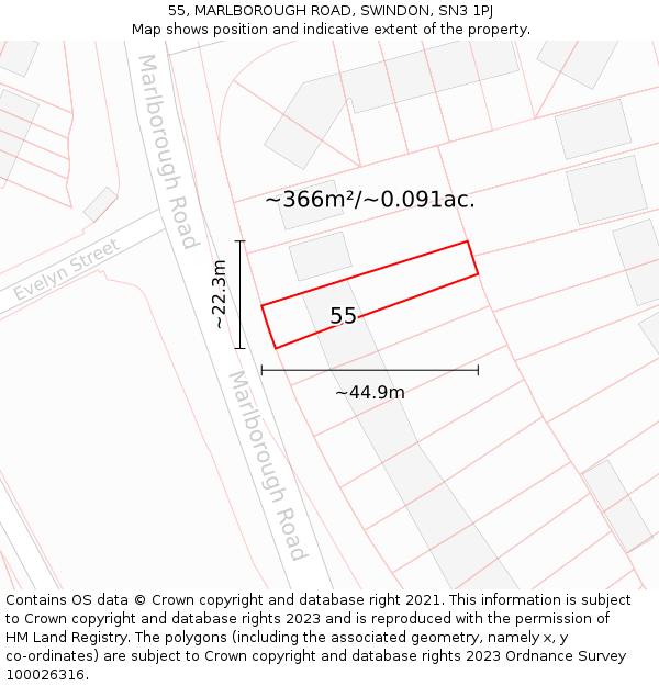 55, MARLBOROUGH ROAD, SWINDON, SN3 1PJ: Plot and title map