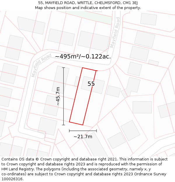 55, MAYFIELD ROAD, WRITTLE, CHELMSFORD, CM1 3EJ: Plot and title map