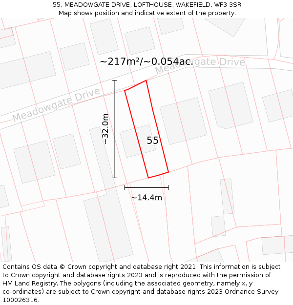 55, MEADOWGATE DRIVE, LOFTHOUSE, WAKEFIELD, WF3 3SR: Plot and title map