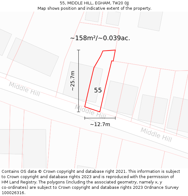 55, MIDDLE HILL, EGHAM, TW20 0JJ: Plot and title map