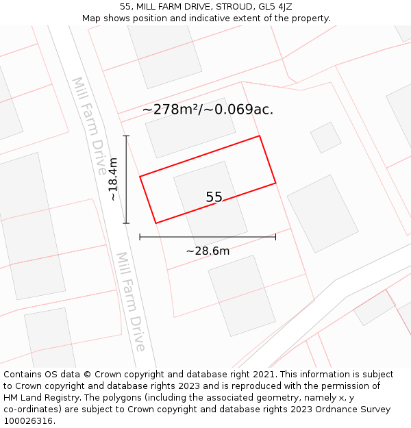 55, MILL FARM DRIVE, STROUD, GL5 4JZ: Plot and title map