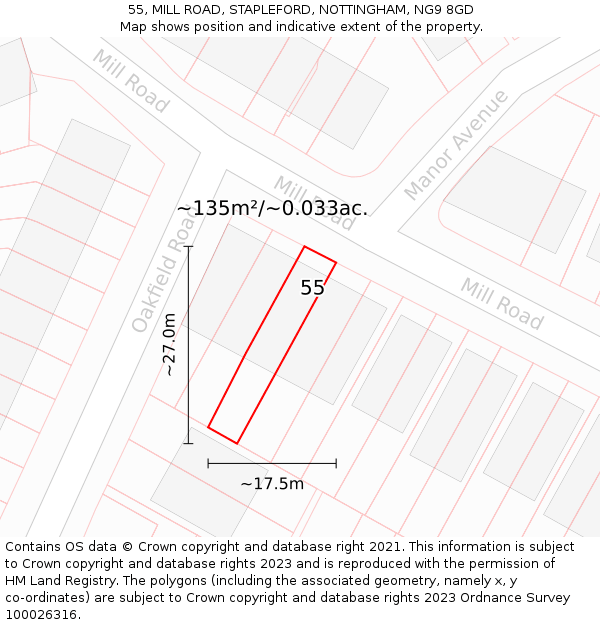 55, MILL ROAD, STAPLEFORD, NOTTINGHAM, NG9 8GD: Plot and title map