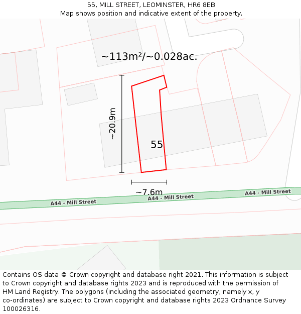 55, MILL STREET, LEOMINSTER, HR6 8EB: Plot and title map