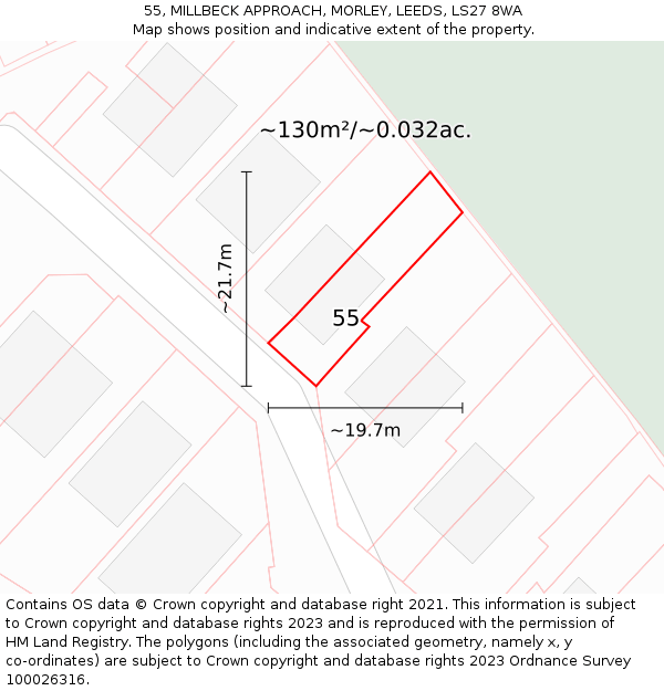 55, MILLBECK APPROACH, MORLEY, LEEDS, LS27 8WA: Plot and title map