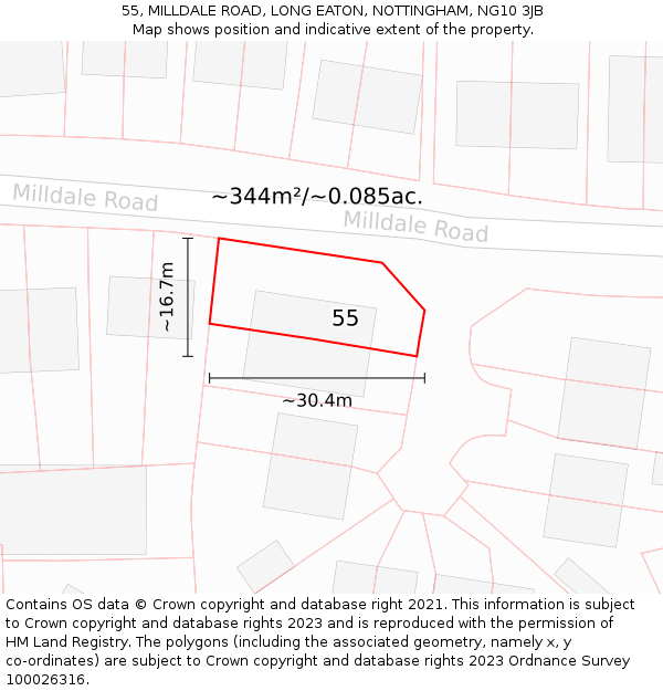 55, MILLDALE ROAD, LONG EATON, NOTTINGHAM, NG10 3JB: Plot and title map