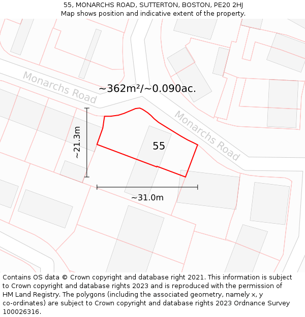 55, MONARCHS ROAD, SUTTERTON, BOSTON, PE20 2HJ: Plot and title map