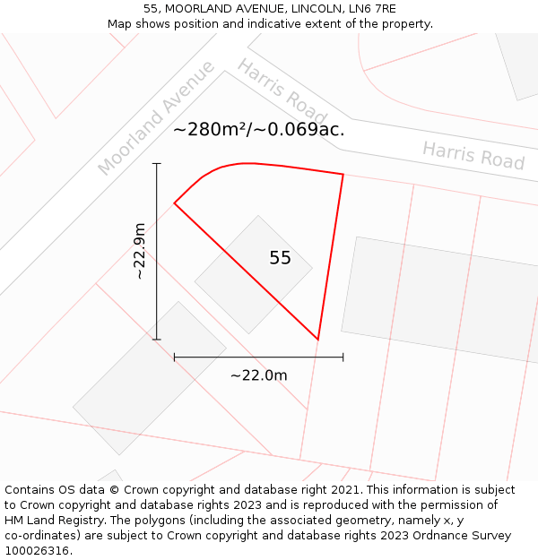 55, MOORLAND AVENUE, LINCOLN, LN6 7RE: Plot and title map