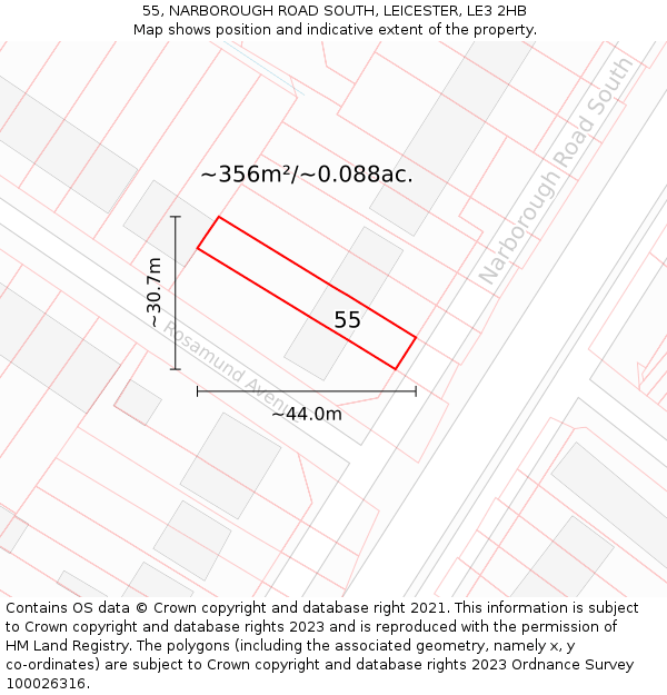 55, NARBOROUGH ROAD SOUTH, LEICESTER, LE3 2HB: Plot and title map