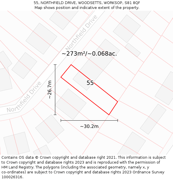 55, NORTHFIELD DRIVE, WOODSETTS, WORKSOP, S81 8QF: Plot and title map