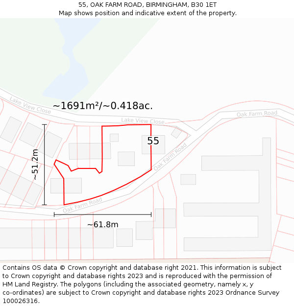 55, OAK FARM ROAD, BIRMINGHAM, B30 1ET: Plot and title map