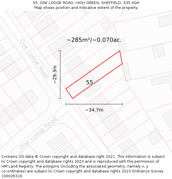 55, OAK LODGE ROAD, HIGH GREEN, SHEFFIELD, S35 4QA: Plot and title map