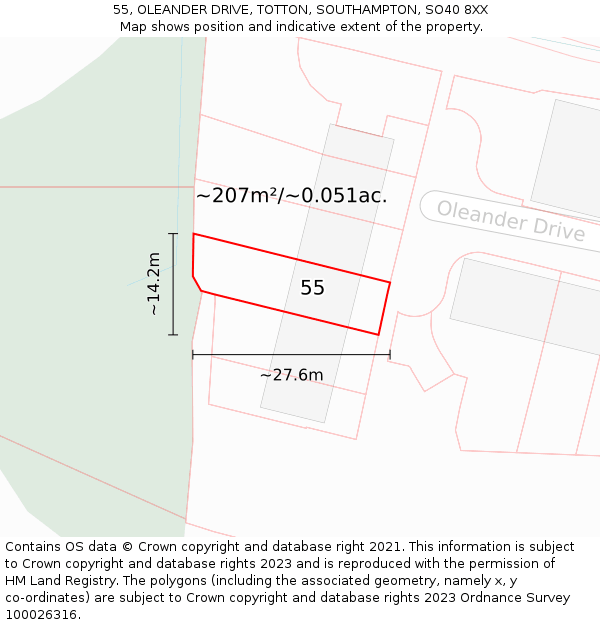 55, OLEANDER DRIVE, TOTTON, SOUTHAMPTON, SO40 8XX: Plot and title map