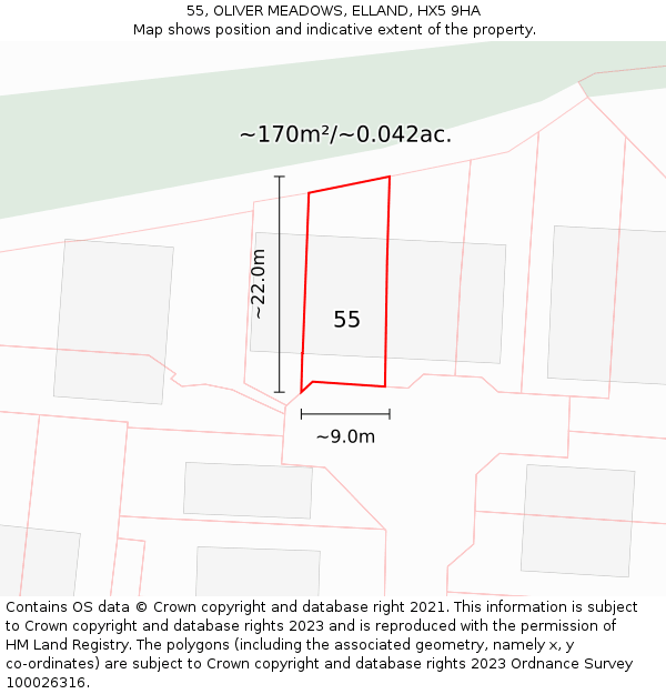 55, OLIVER MEADOWS, ELLAND, HX5 9HA: Plot and title map