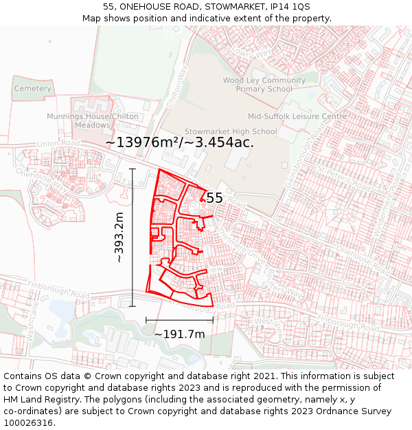 55, ONEHOUSE ROAD, STOWMARKET, IP14 1QS: Plot and title map