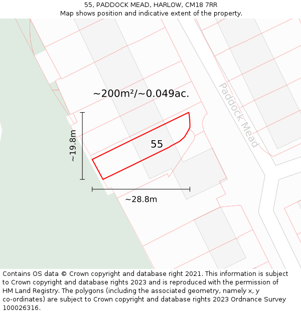 55, PADDOCK MEAD, HARLOW, CM18 7RR: Plot and title map