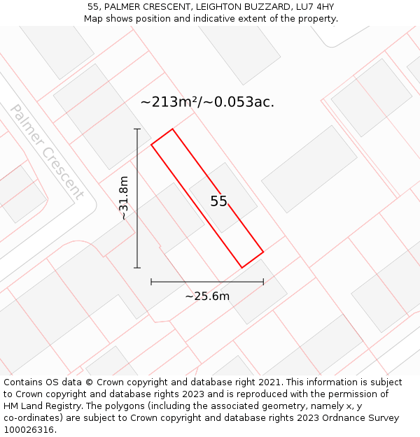 55, PALMER CRESCENT, LEIGHTON BUZZARD, LU7 4HY: Plot and title map