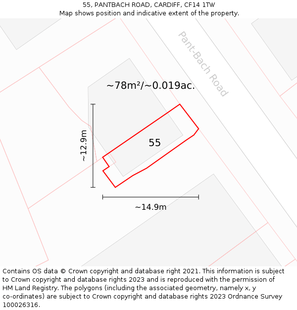 55, PANTBACH ROAD, CARDIFF, CF14 1TW: Plot and title map