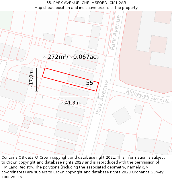 55, PARK AVENUE, CHELMSFORD, CM1 2AB: Plot and title map