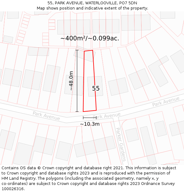 55, PARK AVENUE, WATERLOOVILLE, PO7 5DN: Plot and title map