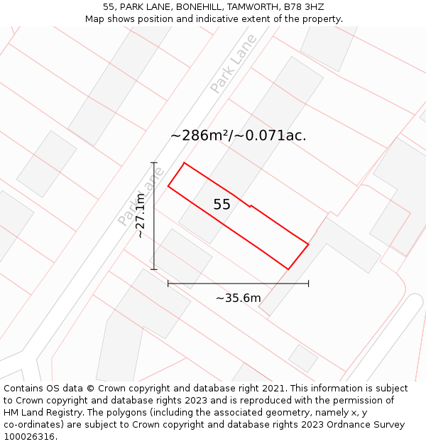 55, PARK LANE, BONEHILL, TAMWORTH, B78 3HZ: Plot and title map