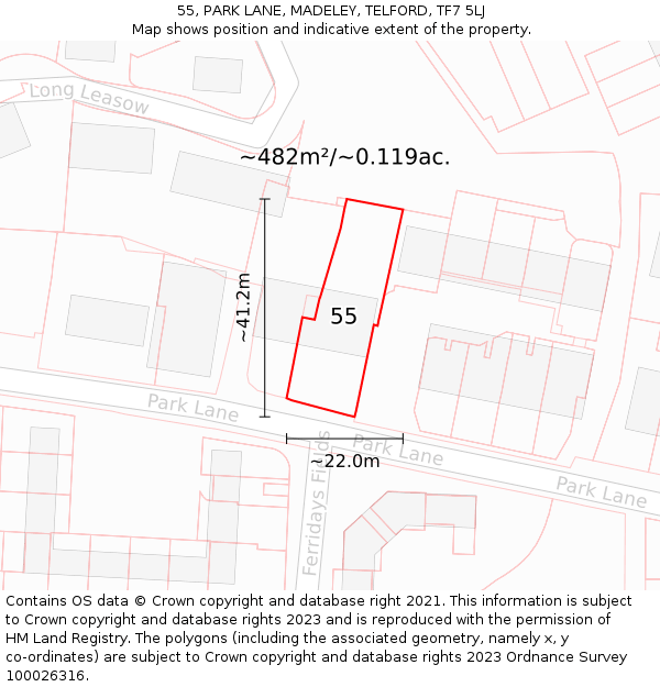 55, PARK LANE, MADELEY, TELFORD, TF7 5LJ: Plot and title map