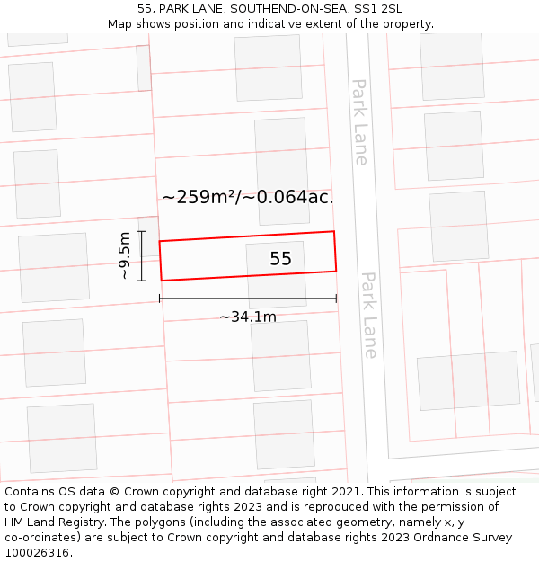 55, PARK LANE, SOUTHEND-ON-SEA, SS1 2SL: Plot and title map